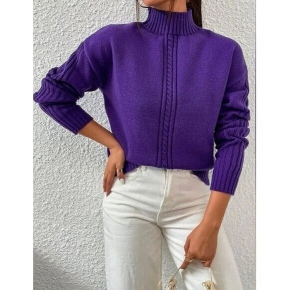 Casual Purple Round Neck Pullovers Cable kint - Picture 4 of 6